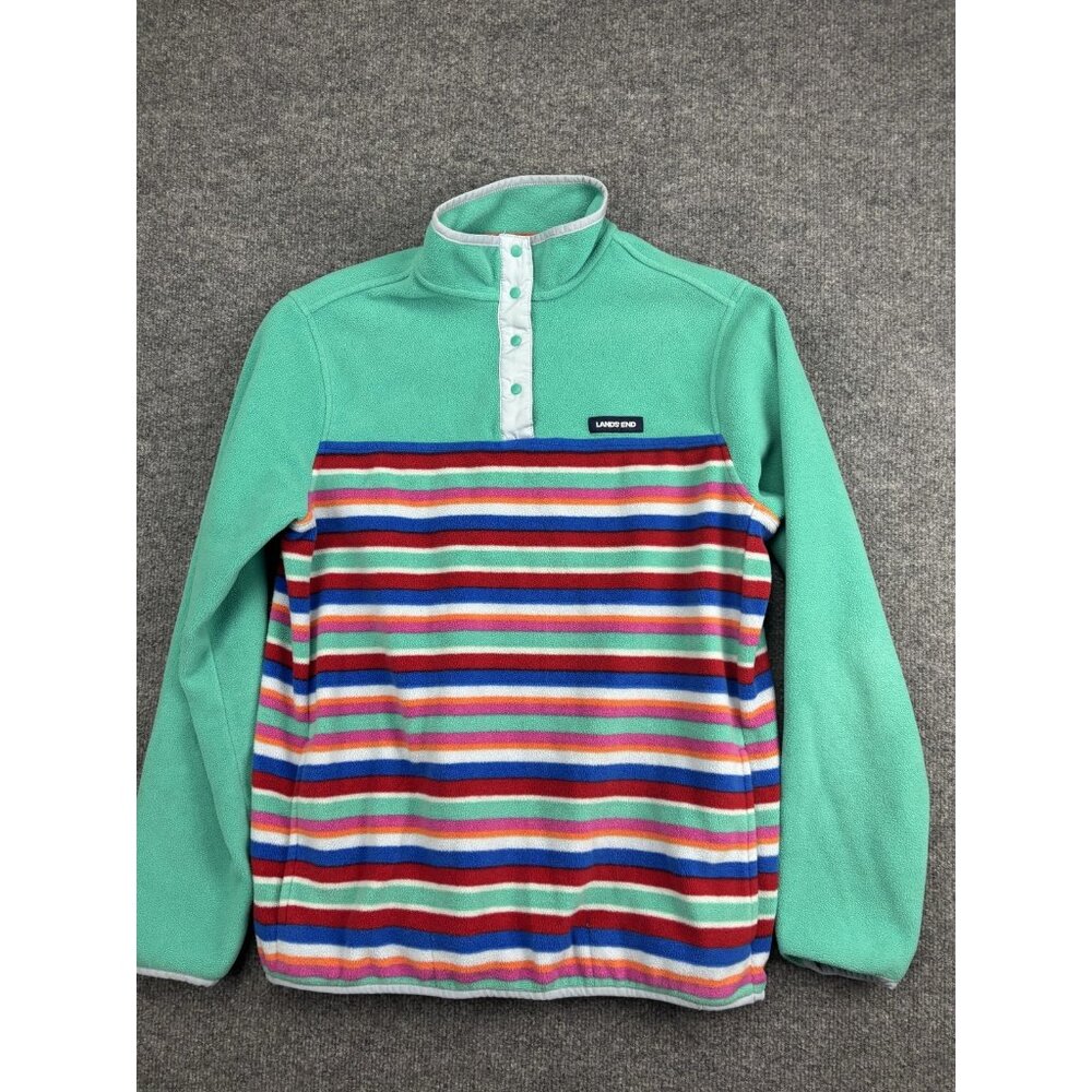 Lands' End Fleece Pullover‎ Youth 10-12 Green Multi Stripe Quarter Snap Pockets